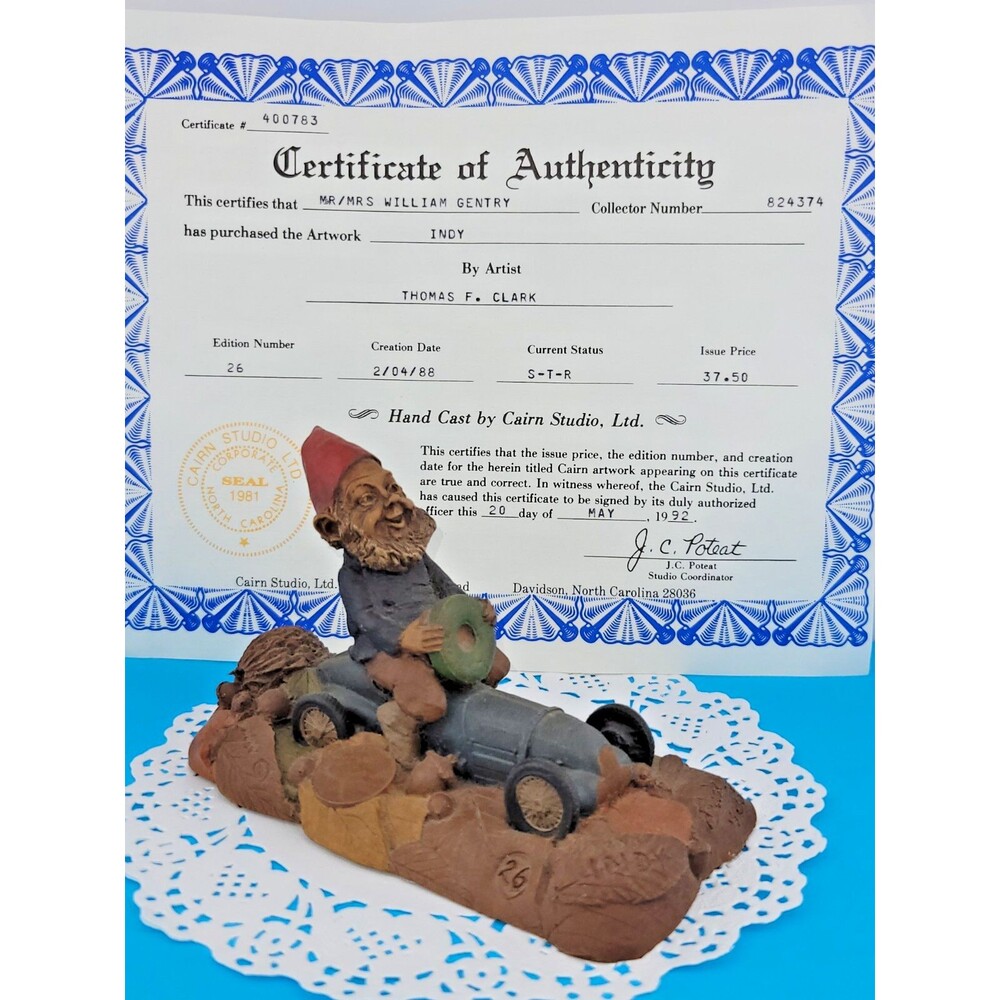 1988 Thomas F. Clark Cairn Artwork Indy Race Car Gnome Figurine Statue Folkart